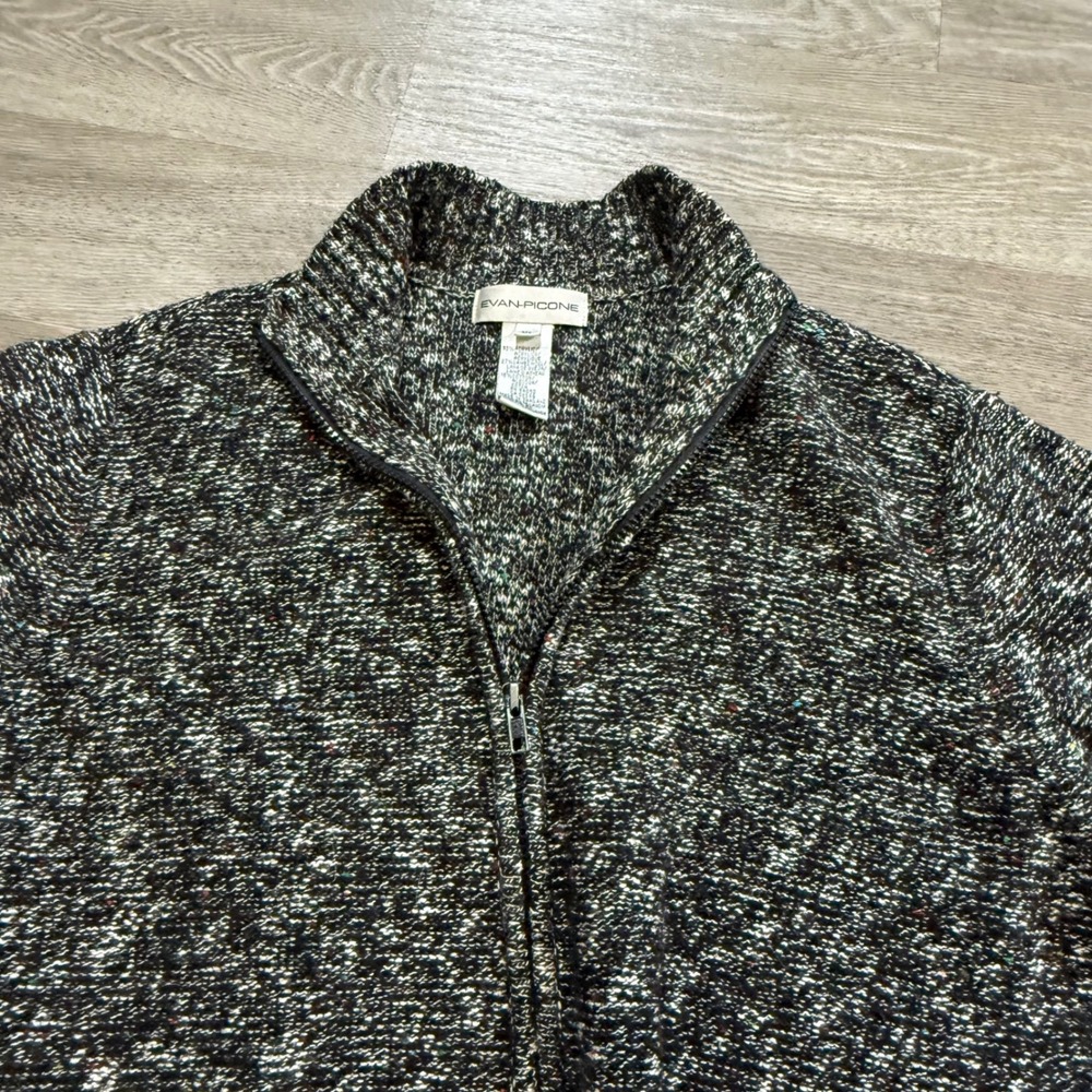 Evan-Picone Womens Full Zip Cardigan Sweater Black White Marled Knit Mock Neck